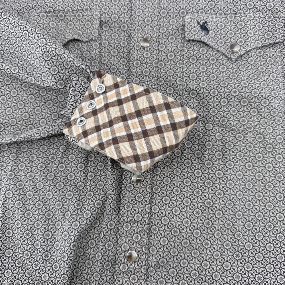 Rodeo Clothing Co Western Snap Shirt Mens L Tan Black Floral Medallion Print